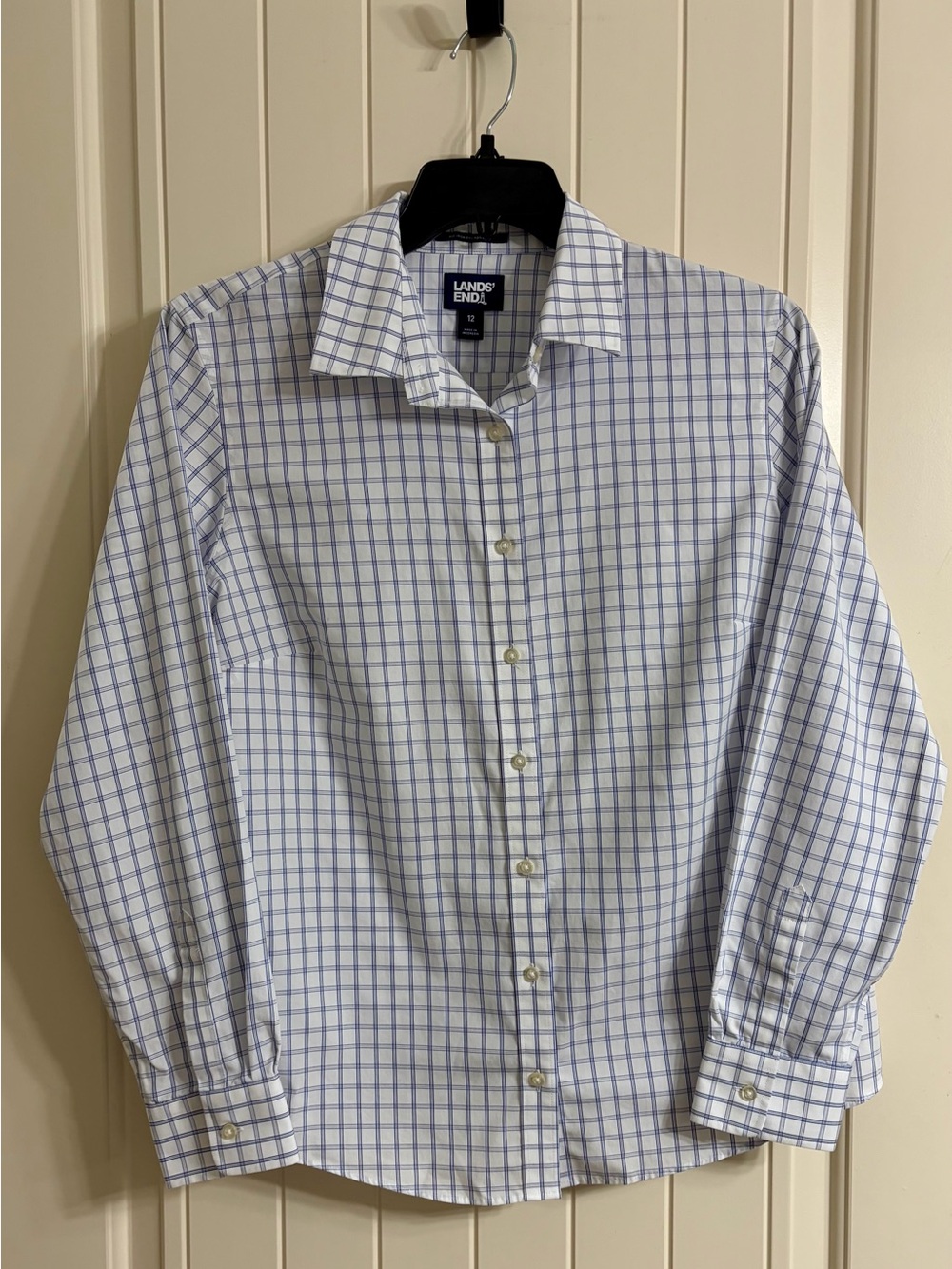 Lands' End White & Blue Check Women Dress Shirt